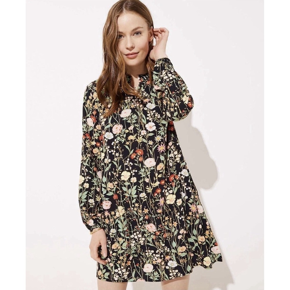 LOFT Black Floral Long Sleeve Swing Dress
